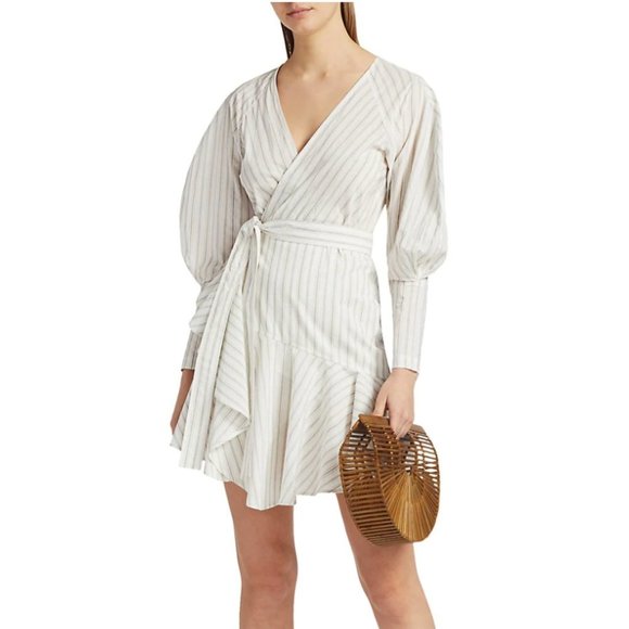 A.L.C. Enzo White Poplin Cotton Stripe Long Sleeve Wrap Dress 10 NEW Mini V-Neck - Picture 9 of 9